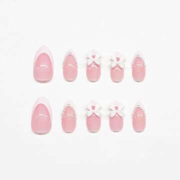 White French Tip Almond Medium Fake Nails with White Pearls Bow Designs Pink Full Cover Glue on Press On Acrylic False Glossy Stick on Nails - 24pcs