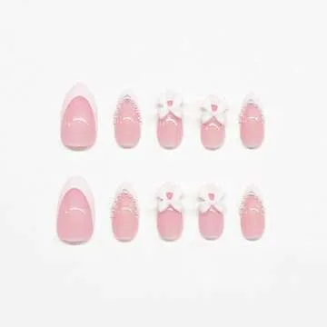 White French Tip Almond Medium Fake Nails with White Pearls Bow Designs Pink Full Cover Glue on Press On Acrylic False Glossy Stick on Nails - 24pcs