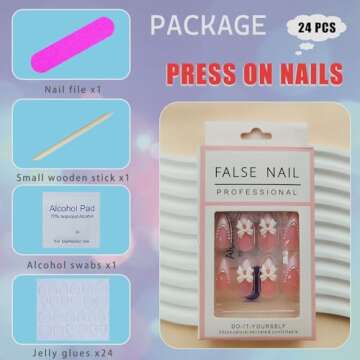 White French Tip Almond Medium Fake Nails with White Pearls Bow Designs Pink Full Cover Glue on Press On Acrylic False Glossy Stick on Nails - 24pcs