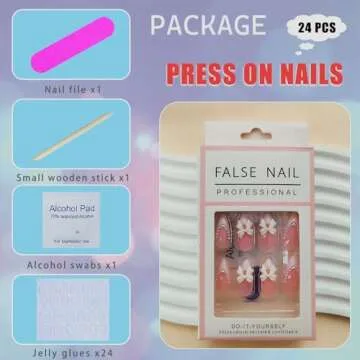 White French Tip Almond Medium Fake Nails with White Pearls Bow Designs Pink Full Cover Glue on Press On Acrylic False Glossy Stick on Nails - 24pcs