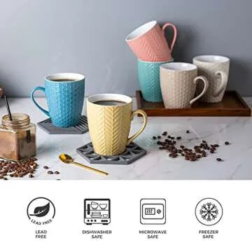 AmorArc 15oz Coffee Mugs Set of 6, Large Ceramic Coffee Mugs for Men Women Dad Mom, Modern Coffee Mugs with handle for Tea/Latte/Cappuccino/Cocoa. Dishwasher&Microwave Safe, Multi-color