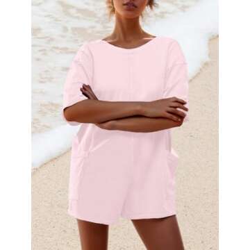 AnotherChill Womens Athletic Romper With Pockets Workout Tee Rompers Backless Oversized Onesie Casua...