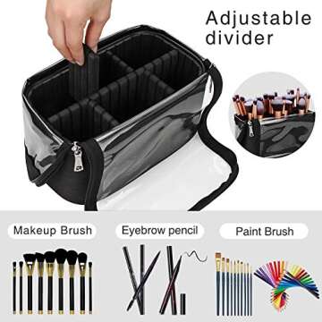 Makeup Brush Bag, Makeup Brush Holder, Travel Professional Cosmetic Bag, Stand-up Makeup Brush Organizer withAdjustable Divider Artist Storage Bag