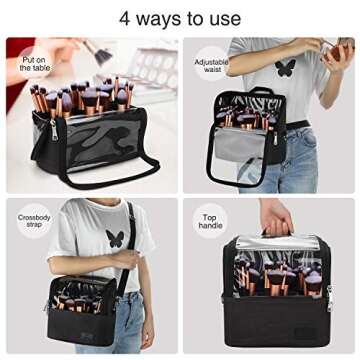 Makeup Brush Bag, Makeup Brush Holder, Travel Professional Cosmetic Bag, Stand-up Makeup Brush Organizer withAdjustable Divider Artist Storage Bag