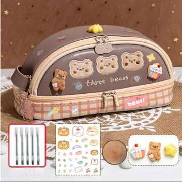 ORTROLA Double Layer Stationery Organizer Box Cute Bear Big Size Pencil Case with Compartment Office...