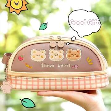ORTROLA Double Layer Stationery Organizer Box Cute Bear Big Size Pencil Case with Compartment Office Supply Organizer Stationery Box Best Birthday Present (Brown Bear)