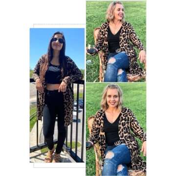 OUGES Women's 2025 Fashion Fall Winter Leopard Print Open Front Long Sleeve Lightweight Sweater Card...