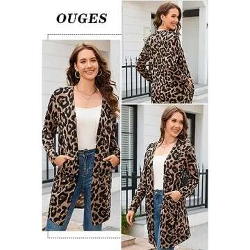 OUGES Women's Lightweight Leopard Print Cardigan with Pockets