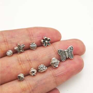 INSPIRELLE 375 Pieces Metal Alloy Spacer Beads Antique Silver Flower Butterfly Star Shaped Loose Beads for Jewelry Making and Crafting