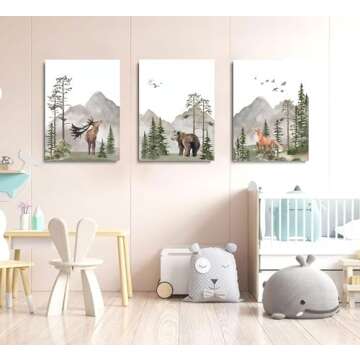 YBARTZQ Woodland Nursery Wall Art Wild Animals Forest Wall Decor Prints Adventure Theme Canvas Posters Deer Bear Fox Watercolor Pictures Paintings for Boys Room Girls Room 3Pcs 12x16in Unframed