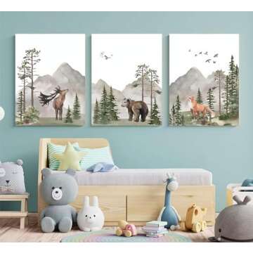 YBARTZQ Woodland Nursery Wall Art Wild Animals Forest Wall Decor Prints Adventure Theme Canvas Posters Deer Bear Fox Watercolor Pictures Paintings for Boys Room Girls Room 3Pcs 12x16in Unframed