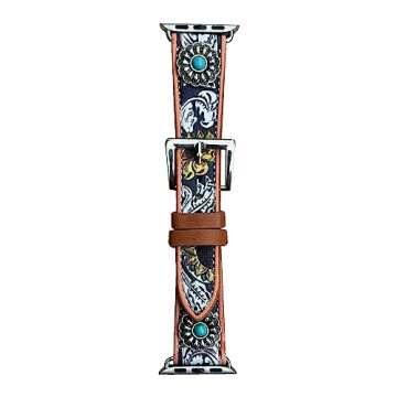 Wonderent Western Watchband for Apple Watch Size 38mm, 40mm, 41mm, 42mm, 44mm, 45mm and Series 8,7,6,5,4 and SE (42/44/45MM, FLOWER CONCHO)