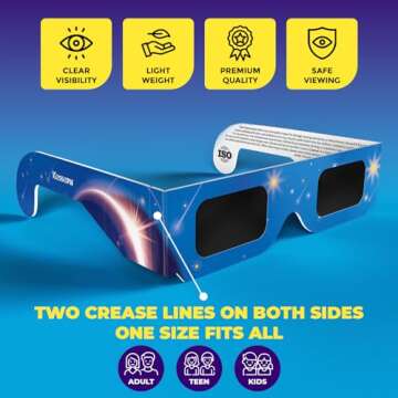 Solar Eclipse Glasses Approved 2024, (3 Pack) CE and ISO Certified Solar Eclipse Observation Glasses, Safe Shades for Direct Sun Viewing, Bonus Smartphone Photo Filter Lens, Blue Stars Design