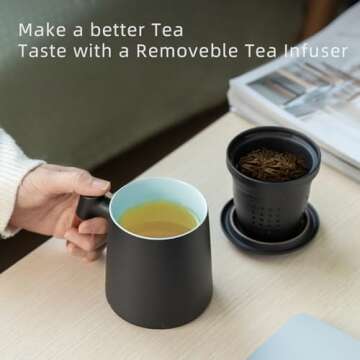 ZENS Tea Cup with Infuser and Lid for Loose Leaf Tea Steeper, 12oz Black Tea Mug with Fine Tea Strai...
