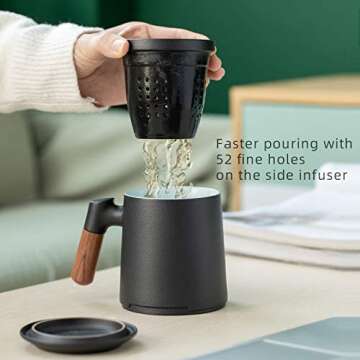 ZENS Tea Cup with Infuser and Lid for Loose Leaf Tea Steeper, 12oz Black Tea Mug with Fine Tea Strainers for Hot Tea Diffusers, Wood Handle Ceramic Tea Mugs Accessories for Tea Lovers Gifts