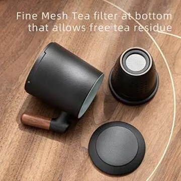 ZENS Tea Cup with Infuser and Lid for Loose Leaf Tea Steeper, 12oz Black Tea Mug with Fine Tea Strainers for Hot Tea Diffusers, Wood Handle Ceramic Tea Mugs Accessories for Tea Lovers Gifts