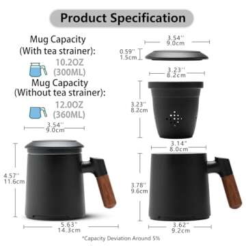 ZENS Tea Cup with Infuser and Lid for Loose Leaf Tea Steeper, 12oz Black Tea Mug with Fine Tea Strainers for Hot Tea Diffusers, Wood Handle Ceramic Tea Mugs Accessories for Tea Lovers Gifts