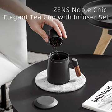 ZENS Tea Cup with Infuser and Lid for Loose Leaf Tea Steeper, 12oz Black Tea Mug with Fine Tea Strainers for Hot Tea Diffusers, Wood Handle Ceramic Tea Mugs Accessories for Tea Lovers Gifts