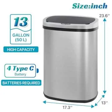 Dkeli Touchless Stainless Steel Kitchen Trash Can 13 Gallon