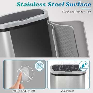 Dkeli Touchless Stainless Steel Kitchen Trash Can 13 Gallon