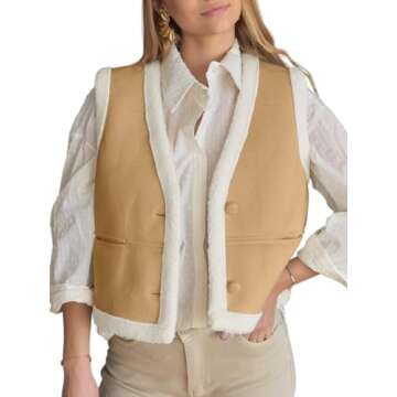 Tankaneo Womens Faux Suede Vests Sleeveless Sherpa Jackets V Neck Button Down Fleece Coats Casual Fa...
