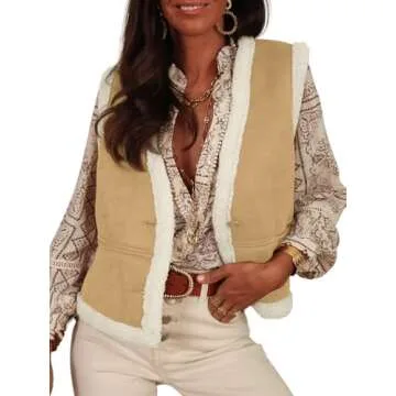 Tankaneo Womens Faux Suede Vests Sleeveless Sherpa Jackets V Neck Button Down Fleece Coats Casual Fall Winter Outerwear