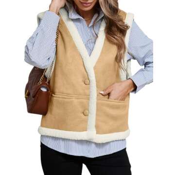 Tankaneo Womens Faux Suede Vests Sleeveless Sherpa Jackets V Neck Button Down Fleece Coats Casual Fall Winter Outerwear