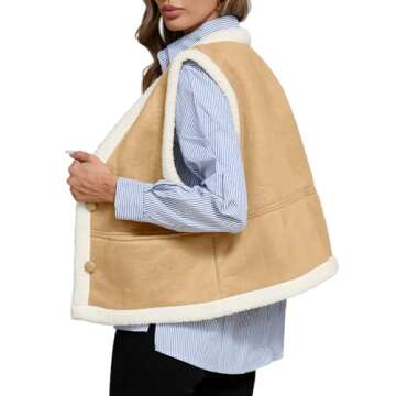 Tankaneo Womens Faux Suede Vests Sleeveless Sherpa Jackets V Neck Button Down Fleece Coats Casual Fall Winter Outerwear