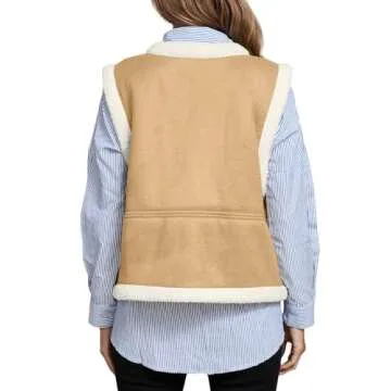 Tankaneo Womens Faux Suede Vests Sleeveless Sherpa Jackets V Neck Button Down Fleece Coats Casual Fall Winter Outerwear