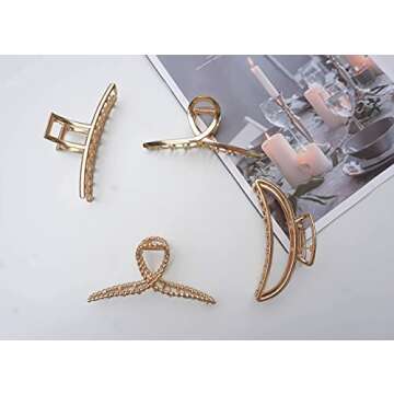 Mynaonao 4 Pieces Large Premium Gold Metal Strong Hair Claw Clips Easy Pulling Up Your Hair Suitable for Any Hairstyles and Hair Types Non-Slip Hair Clips for Women