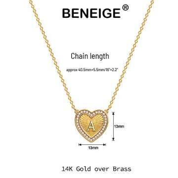 BENEIGE Gold Initial Necklaces for Women 14K Gold Plated 26 Letters Heart CZ Pendent Necklace Dainty Gold Necklaces with Love Heart Pendent Charm Necklace for Women Jewelry