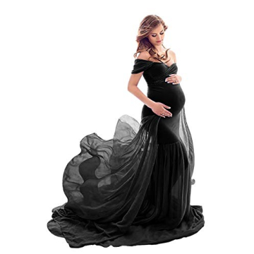 ZIUMUDY Maternity Chiffon Mermaid Gown Off Shoulder Dropped Sleeve Fitted Photo Shoot Photography Dr...