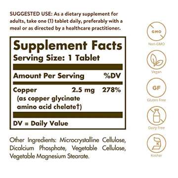 Solgar Chelated Copper, 100 Tablets - Essential for Collagen Formation - Highly Bioavailable Form - ...