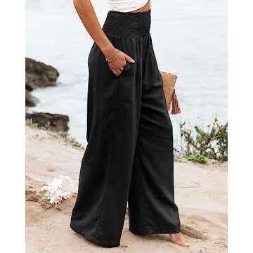 Angerella Black Trouser Pants for Women Trendy Flowy Wide Leg High Waisted Palazzo Beach Pants S