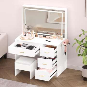 YITAHOME Makeup Vanity Table Set with Cushioned Stool, Large LED Mirror with 3 Color Lighting Modes,...