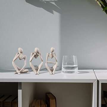 3Pcs Sandstone Thinker Statue Set, Modern Home Decor Abstract Art Sculpture, Small Collectible Figurines for Bookshelf Office Living Room Coffee Table Decor