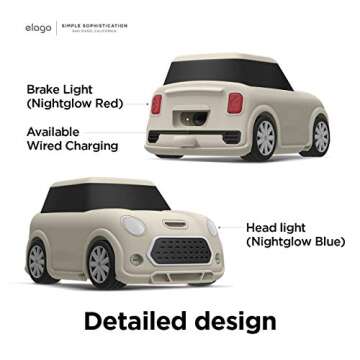 elago Mini Car AirPods Case with Keychain Compatible with AirPods 1 and 2 [Headlights and Taillights Glow in The Dark] [Patent Registered] [Classic White]