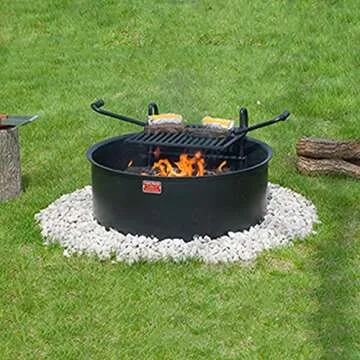 Pilot Rock 24 Inch Heavy Duty Steel Ground Fire Pit Ring Insert Liner and Metal Cooking Grate for Grilling, Camping, and Backyard Bonfires, Black