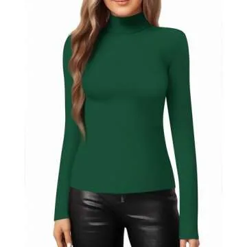 MANGOPOP Women's Mock Turtle Neck Slim Fit Long Half Short Sleeve T Shirt Tight Tops Tee Deep Green