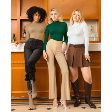 MANGOPOP Women's Mock Turtle Neck Slim Fit Long Half Short Sleeve T Shirt Tight Tops Tee Deep Green