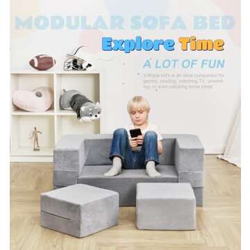 Elftopia Modular Kids Sofa,Toddler Couch Foam Armchair for Kids, Children Convertible Plush Sofa Play Set,Fold Out Sofa Bed(Grey)