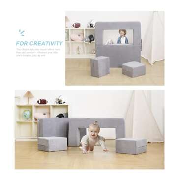 Elftopia Modular Kids Sofa,Toddler Couch Foam Armchair for Kids, Children Convertible Plush Sofa Play Set,Fold Out Sofa Bed(Grey)