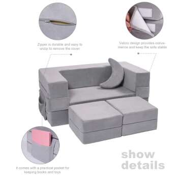 Elftopia Modular Kids Sofa,Toddler Couch Foam Armchair for Kids, Children Convertible Plush Sofa Play Set,Fold Out Sofa Bed(Grey)