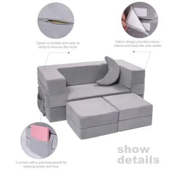 Elftopia Modular Kids Sofa,Toddler Couch Foam Armchair for Kids, Children Convertible Plush Sofa Play Set,Fold Out Sofa Bed(Grey)