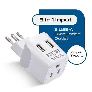 Ceptics Italy, Chile, Uruguay Travel Adapter Plug With Dual USB - USA Input - Type L - Ultra Compact...