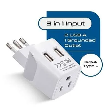 Ceptics Italy, Chile, Uruguay Travel Adapter Plug With Dual USB - USA Input - Type L - Ultra Compact...