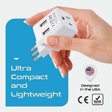 Compact Travel Adapter with USB for Europe Trips