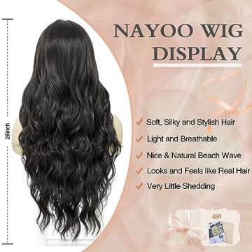 NAYOO Long Black Wig for Women - 26 Inch Long Black Hair Wig, Natural Looking Black Long Wig, Heat R...