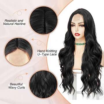NAYOO Long Black Wig for Women - 26 Inch Long Black Hair Wig, Natural Looking Black Long Wig, Heat Resistant Synthetic Wig, Easy to Put Black Wavy Wig, Long Black Curly Hair Wig for Daily Party Use