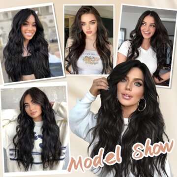 NAYOO Long Black Wig for Women - 26 Inch Long Black Hair Wig, Natural Looking Black Long Wig, Heat Resistant Synthetic Wig, Easy to Put Black Wavy Wig, Long Black Curly Hair Wig for Daily Party Use